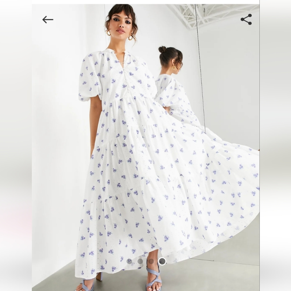 Puff Sleeve Midi Dress In Floral Printed Broderie